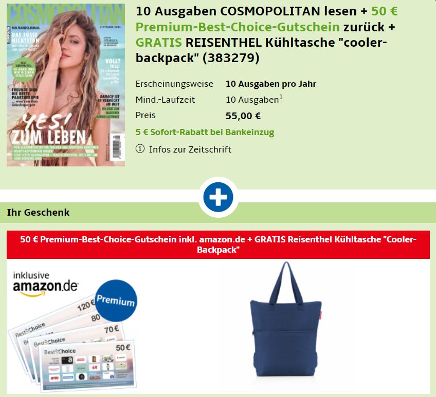 Cosmopolitan: Jahresabo für 50 Euro mit Gutschein über 50 Euro & Tasche