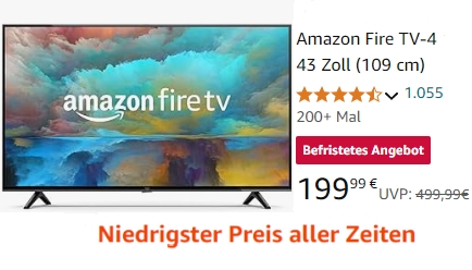 Amazon: Fire-TV 4K mit 43 Zoll für 199,99 Euro