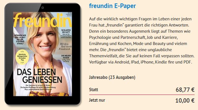 Freundin: Jahresabo als ePaper für 10 statt 68,77 Euro