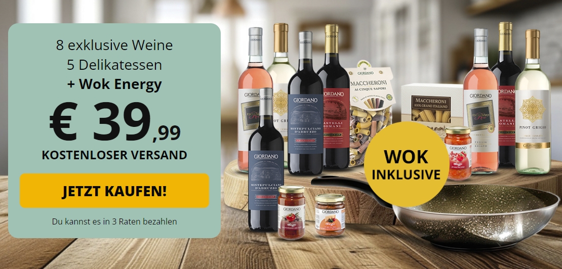 Giordano: Weinpaket mit 8 Flaschen, 5 Delikatessen und 1 Wok für 39,99 Euro