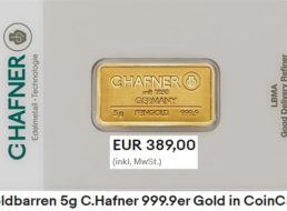 Ebay: Goldbarren mit fünf Gramm Gewicht für 389 Euro frei Haus