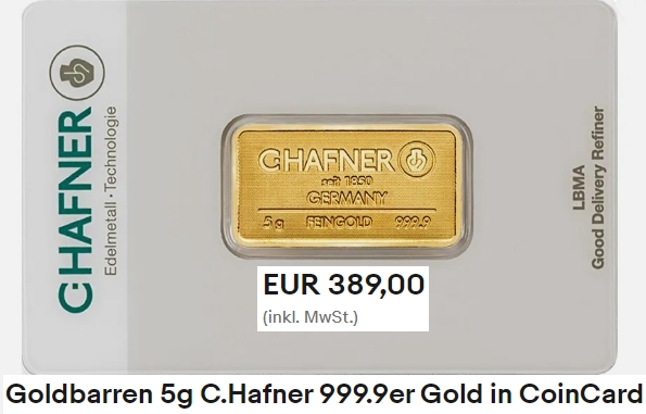 Ebay: Goldbarren mit fünf Gramm Gewicht für 389 Euro frei Haus