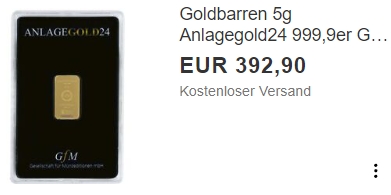 Ebay: Goldbarren mit fünf Gramm für 392,90 Euro frei Haus