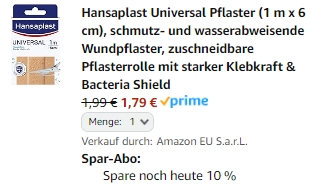 Amazon: "Hansaplast Universal Pflaster" ab 1,79 Euro