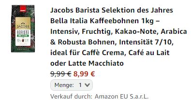 Amazon: Jacobs Barista im Sparabo für 8,99 Euro