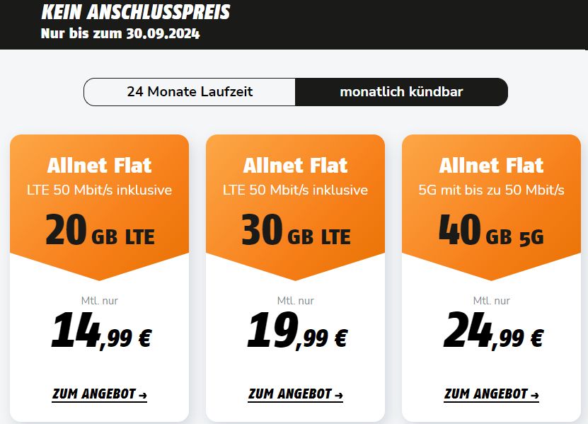 Klarmobil: Keine Anschlussgebühr bei monatlich kündbaren Tarifen