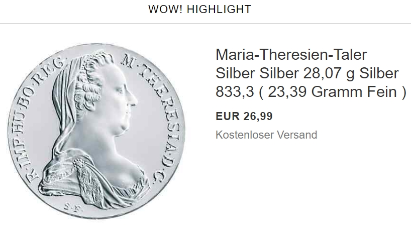 Ebay: "Maria-Theresien-Taler" zum Bestpreis von 26,99 Euro