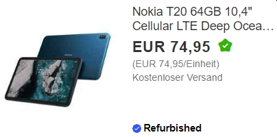 Ebay: LTE-Tablet Nokia T20 Refurb für 57 Euro