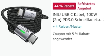 Amazon: USB-C-Kabel mit 100 Watt Leistungsabgabe für 6,41 Euro