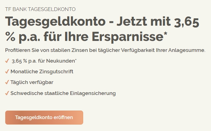 Tagesgeld: 3,65 Prozent mit monatlicher Auszahlung bei TFBank