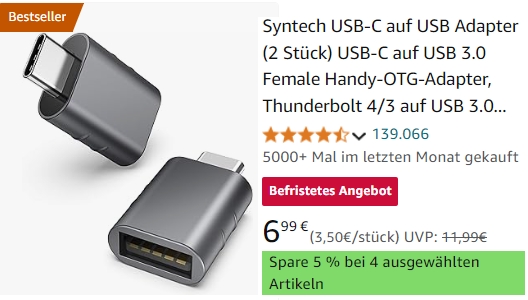 Amazon: Doppelpack USB-Adapter für 5,94 Euro