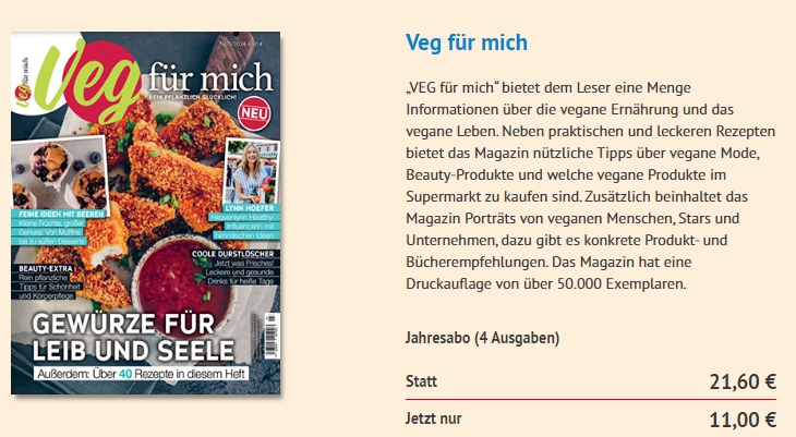 "Veg für mich": Jahresabo für 11 statt 21,60 Euro