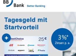 Knaller: 25 Euro Bonus zum Tagesgeldkonto der BBBank mit 3 Prozent