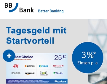 Knaller: 25 Euro Bonus zum Tagesgeldkonto der BBBank mit 3 Prozent