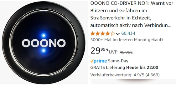 Amazon: Blitzerwarner OOONO No 1 jetzt für 29,99 Euro