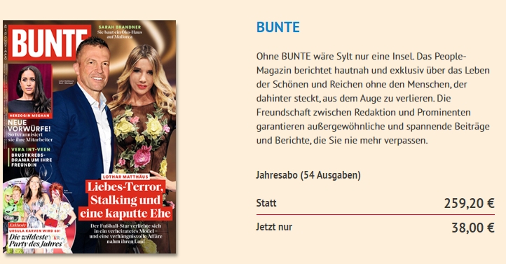 Bunte: Jahresabo mit automatischem Ende für 38 statt 259,20 Euro