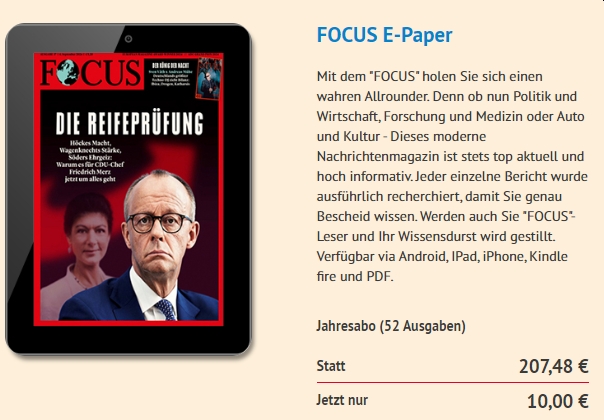 Focus: ePaper im Jahresabo für 10 Euro (19 Cent pro Ausgabe)