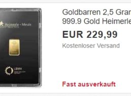 Ebay: Goldbarren mit 2,5 Gramm für 229,99 Euro frei Haus