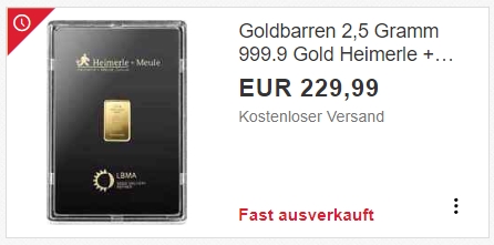 Ebay: Goldbarren mit 2,5 Gramm für 229,99 Euro frei Haus