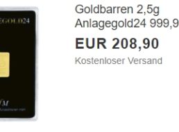 Ebay: Goldbarren mit 2,5 Gramm für 208,90 Euro frei Haus