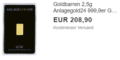 Ebay: Goldbarren mit 2,5 Gramm für 208,90 Euro frei Haus