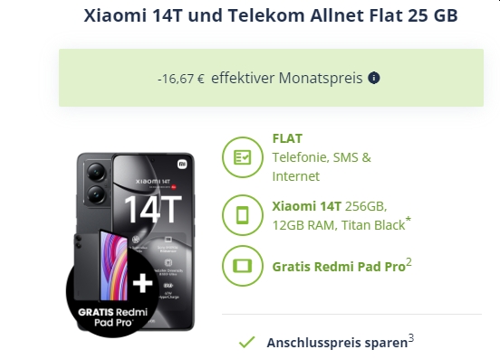 Telekom-Netz: Xiaomi 14 T und Tablet geschenkt zur LTE-Flat mit 25 GByte