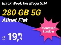 Mega SIM: 280 GByte 5G für 19,99 Euro, monatlich kündbar