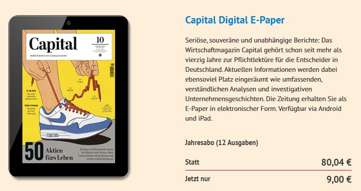 Capital: ePaper-Jahresabo für 9 statt 80,04 Euro