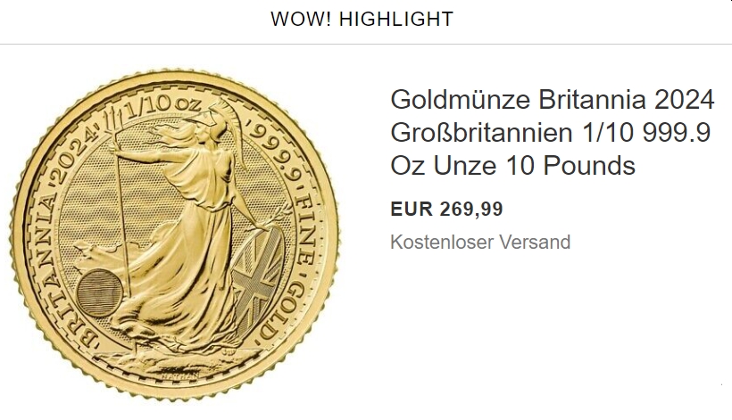 Ebay: Goldmünze "Britannia" 2024 zum Bestpreis von 269,99 Euro