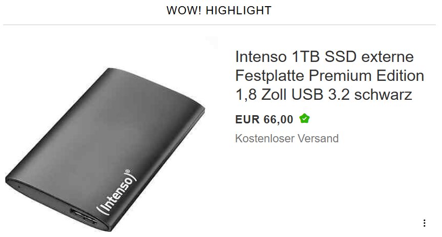 Ebay: Externe SSD mit 1 TByte für 66 Euro frei Haus