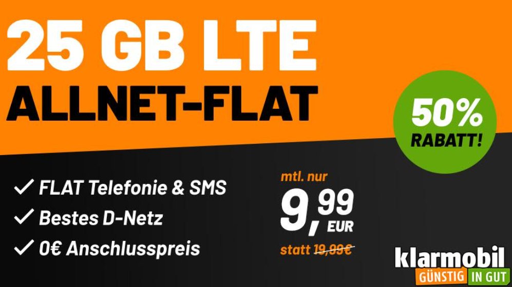 Klarmobil: Allnet-Flat im Telekom-Netz mit 25 GByte LTE für 9,99 Euro