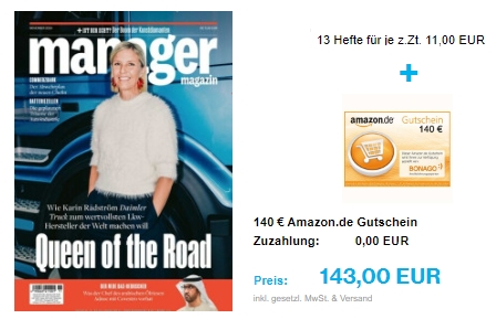 Manager Magazin: Jahresabo für 143 Euro mit Amazon-Gutschein über 140 Euro