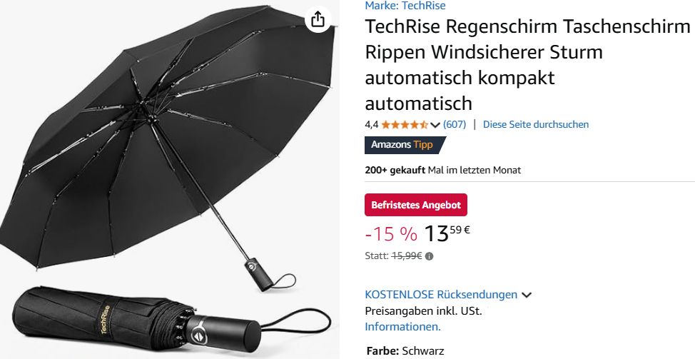 Amazon: Sturmfester TechRise Regenschirm für 13,59 Euro