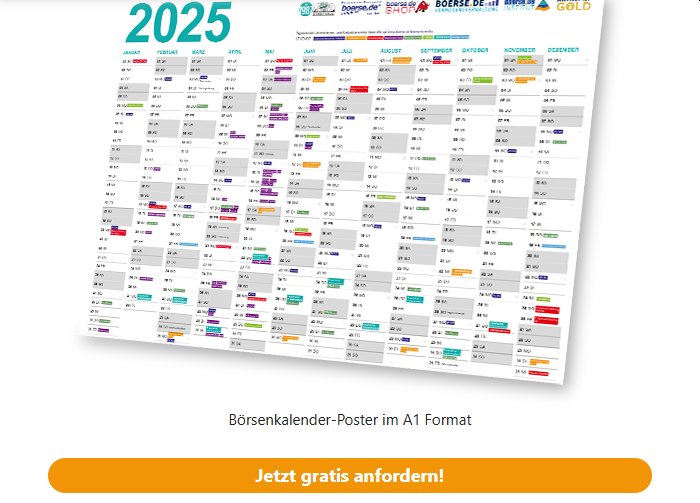 Gratis: Börsenkalender 2025 zum Nulltarif frei Haus