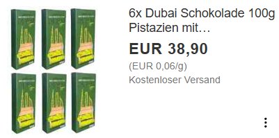 Ebay: Dubaischokolade im Sechserpack für 38,90 Euro frei Haus