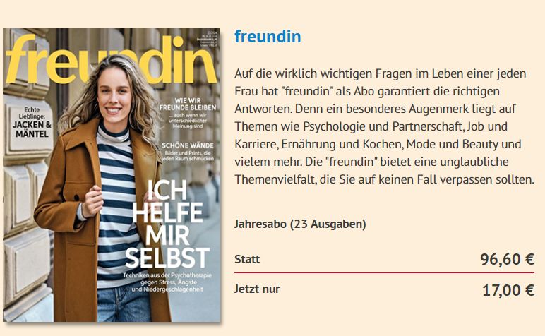 "Freundin": Jahresabo mit automatischem Ende für 17 statt 96,60 Euro