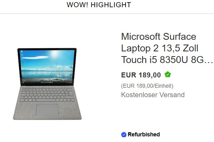 Ebay: "Microsoft Surface Laptop 2" refurb für 179 Euro