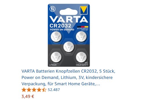 Amazon: Varta CR2032 Knopfzelle im Fünferpack ab 3,32 Euro