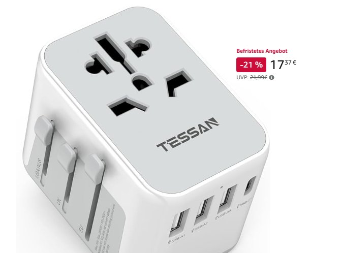 Amazon: Reiseadapter mit fünf Anschlüssen für 17,37 Euro