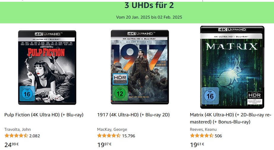 Amazon: 3 UHDs zum Preis von zweien