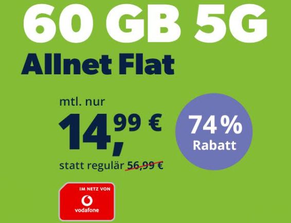 Freenet: Vodafone-Flat mit 60 GByte 5G-Daten für 14,99 Euro