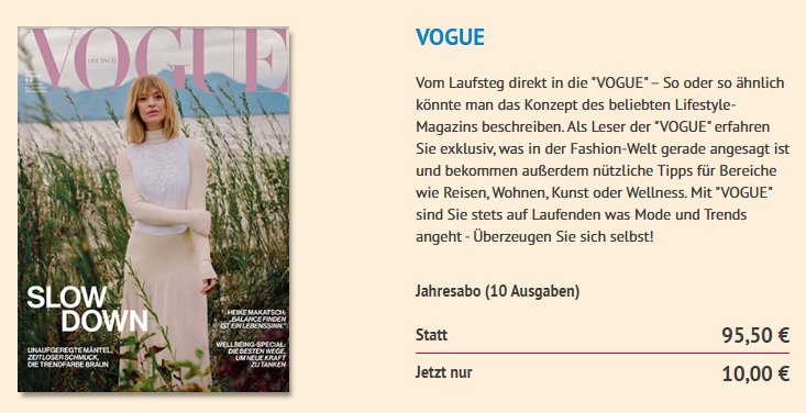 Vogue: Jahresabo für 10 statt 95,50 Euro