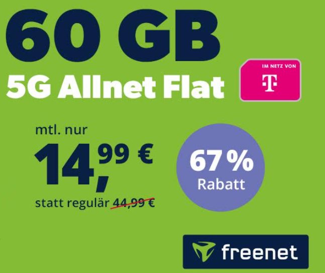 Freenet: 60 GByte 5G-Daten im Telekom-Netz für 14,99 Euro / Monat