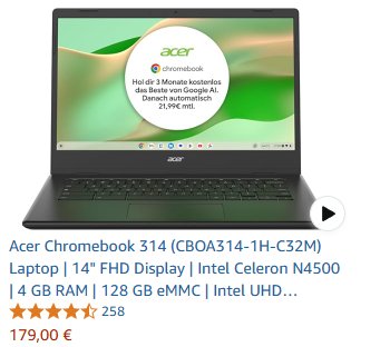 Amazon: "Acer Chromebook 314" mit 3 Monaten Google AI für 179 Euro