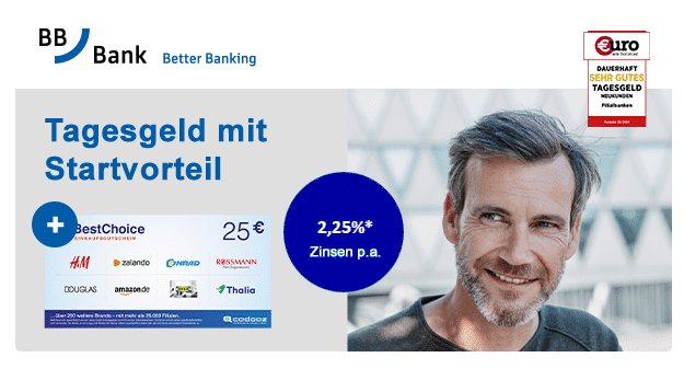 Knaller: 25 Euro Bonus zum Tagesgeld-Zins von 2,25 Prozent bei BBBank