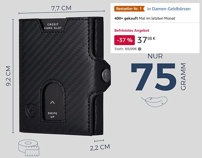 Amazon: Slim Wallet mit Münzfach und RFID-Schutz für 27,99 Euro