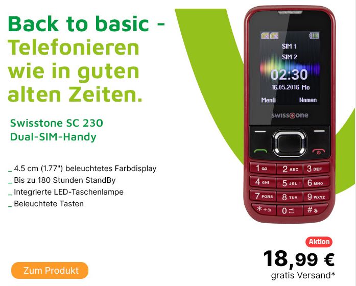 Völkner: Dualsim-Handy "Swisstone SC 230" mit über sieben Tagen Akkulaufzeit für 18,99 Euro