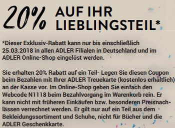 Adler: 20 Prozent Rabatt im Shop vor Ort und Online