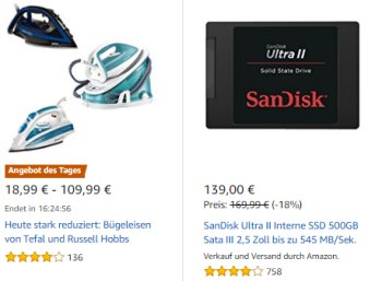 Amazon: Drei Dampfbügeleisen zu Preisen ab 18,99 Euro frei Haus 