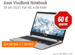 Notebooksbilliger: Einsteiger-Notebook von Asus mit Gutschein für 209 Euro